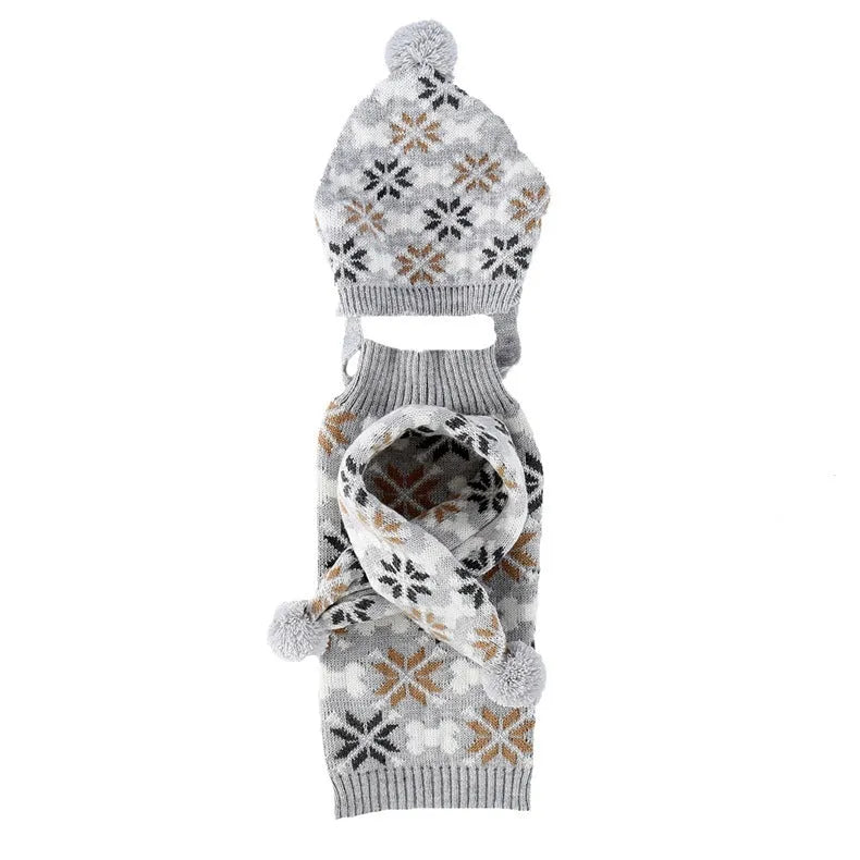 Japanese style retro jacquard acrylic knit pet clothes set with sweater, hat and scarf in gray for dogs and cats