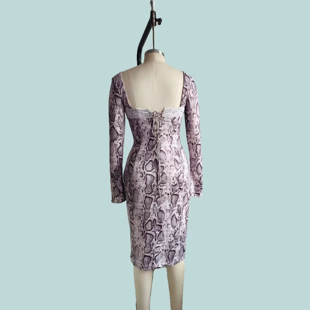 Grey women's A-line dress with 3D digital print pattern and lace detailing, long sleeves, slim fit.