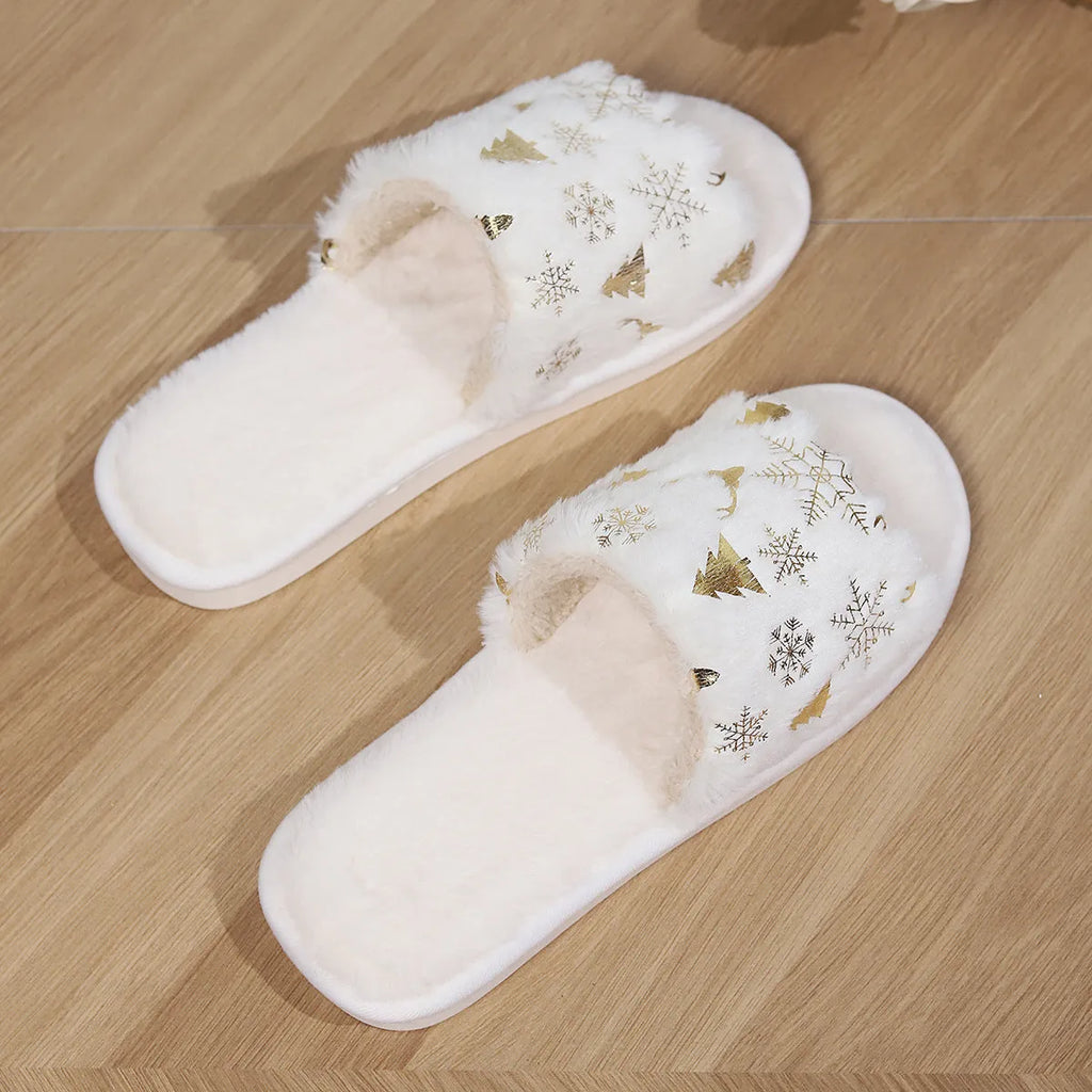 White Christmas plush open-toed slippers with non-slip PVC sole, featuring tree and snowflake decorations