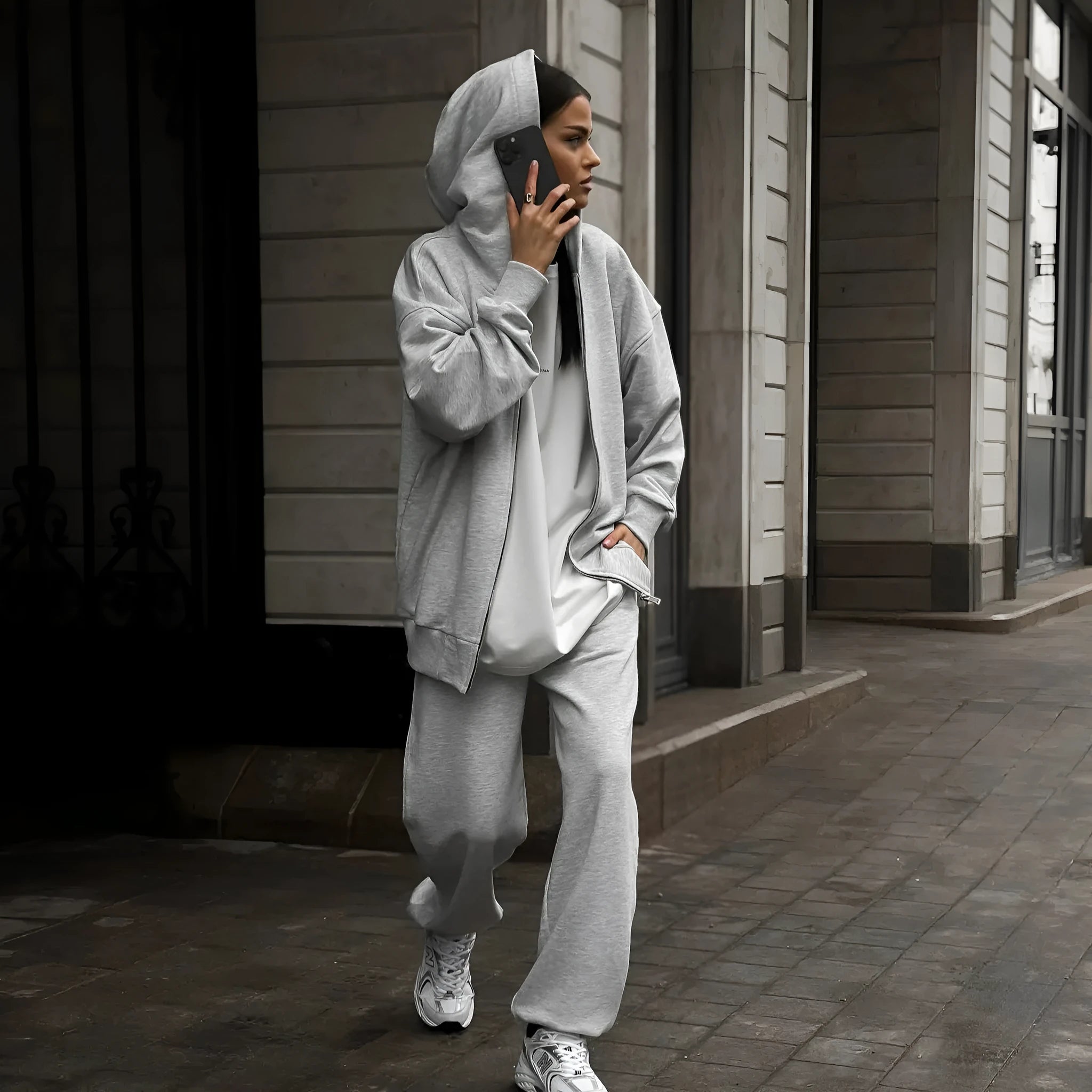 Women's loose-fit grey polyester coat and trousers two-piece set, street style.