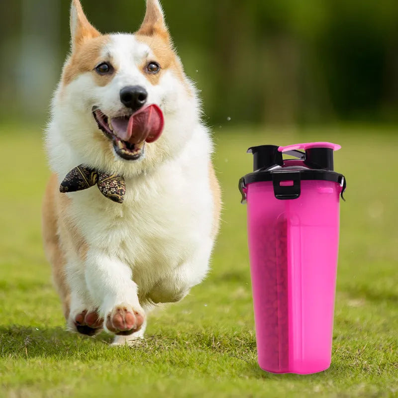 Portable 2-in-1 pet water cup in black, showing separate water and food compartments, PP material, 23cm x 11cm