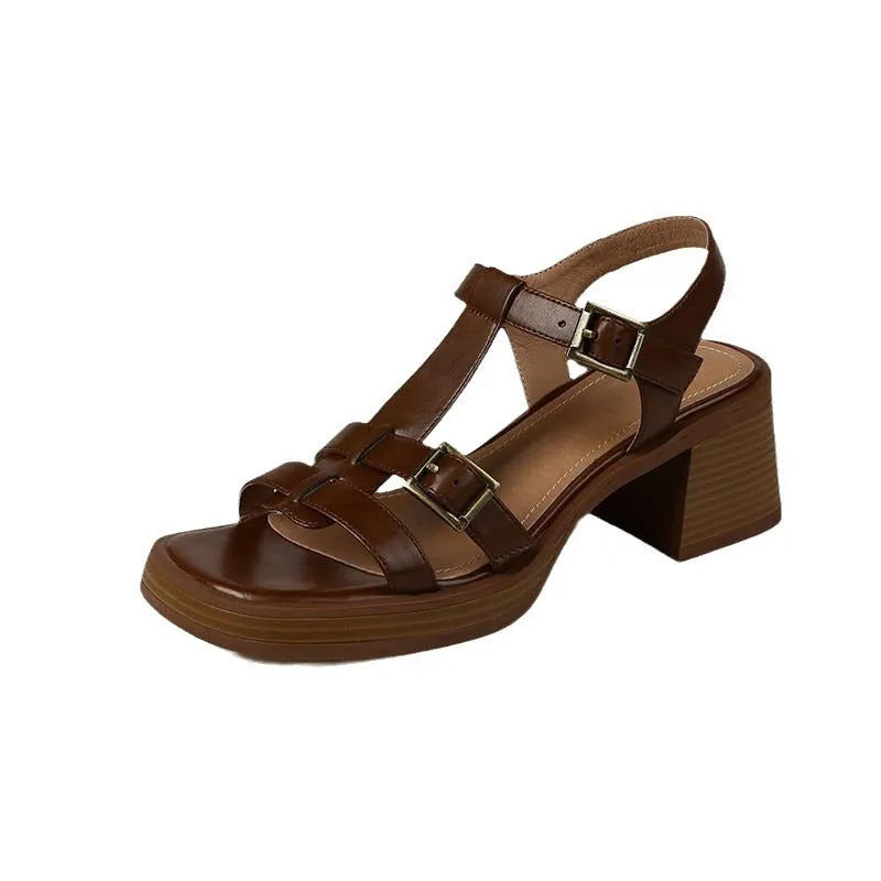 Women's black retro chunky heel sandals with T-buckle, open toe, square toe, and platform sole