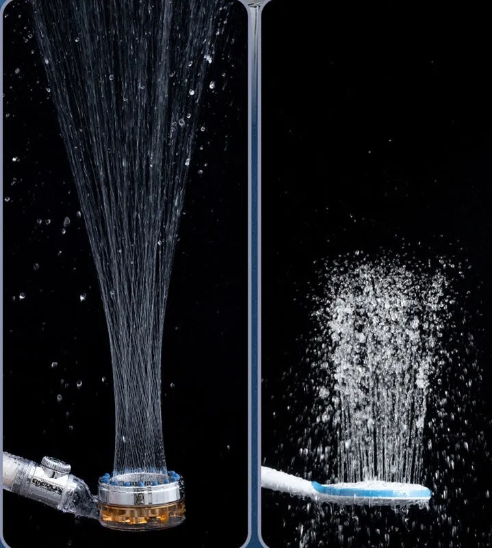 High pressure turbo shower head with ABS body, stainless steel panel, silicone nozzles, and one-key stop button