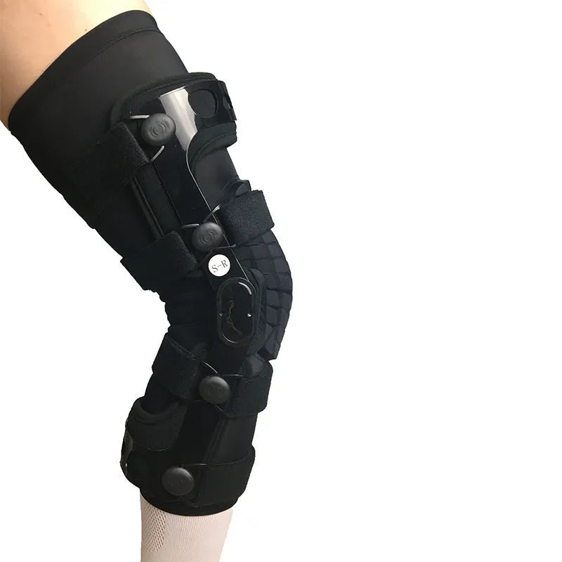 Black anterior ligament knee support brace showing composite construction with iron and cloth materials.