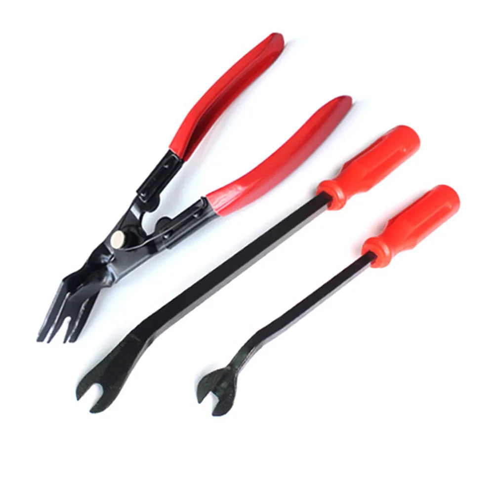 Red-handled steel automotive clip driver tool for General Motors vehicle interior panel repairs