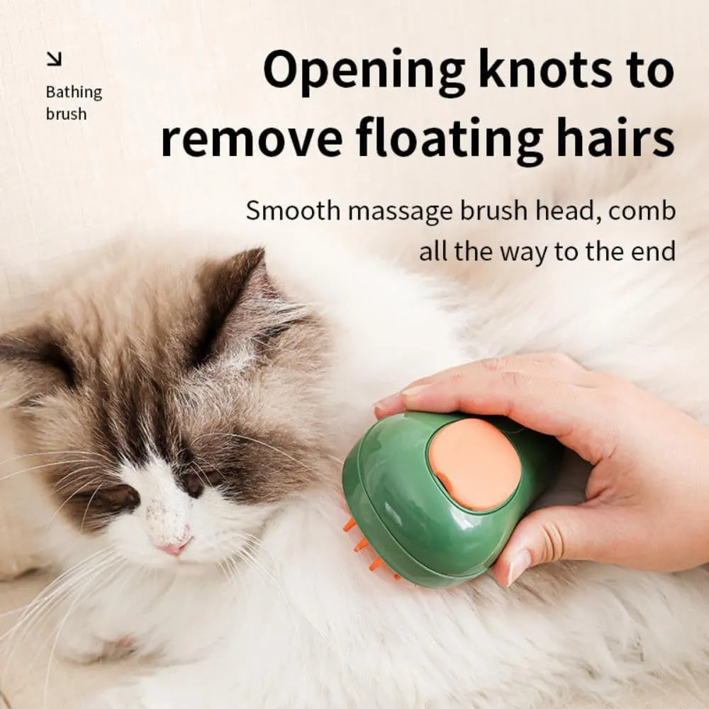 Green and white cat steam brush with water spray function and silicone massage teeth for pet grooming