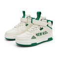 Children's street sneakers with PU upper, rubber sole, and buckle fastening in beige green, blue, or white options.