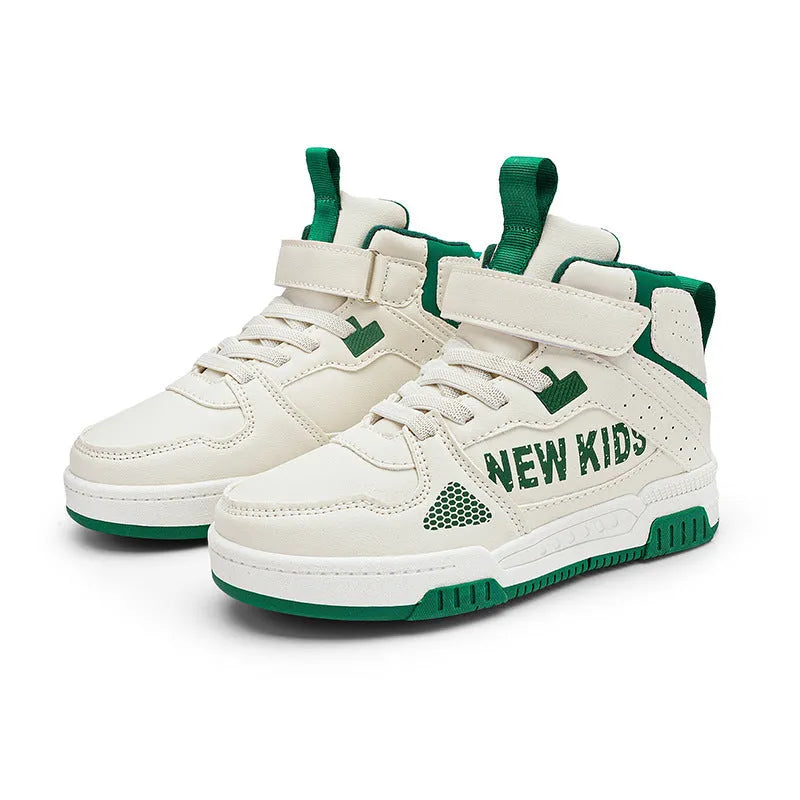 Children's street sneakers with PU upper, rubber sole, and buckle fastening in beige green, blue, or white options.
