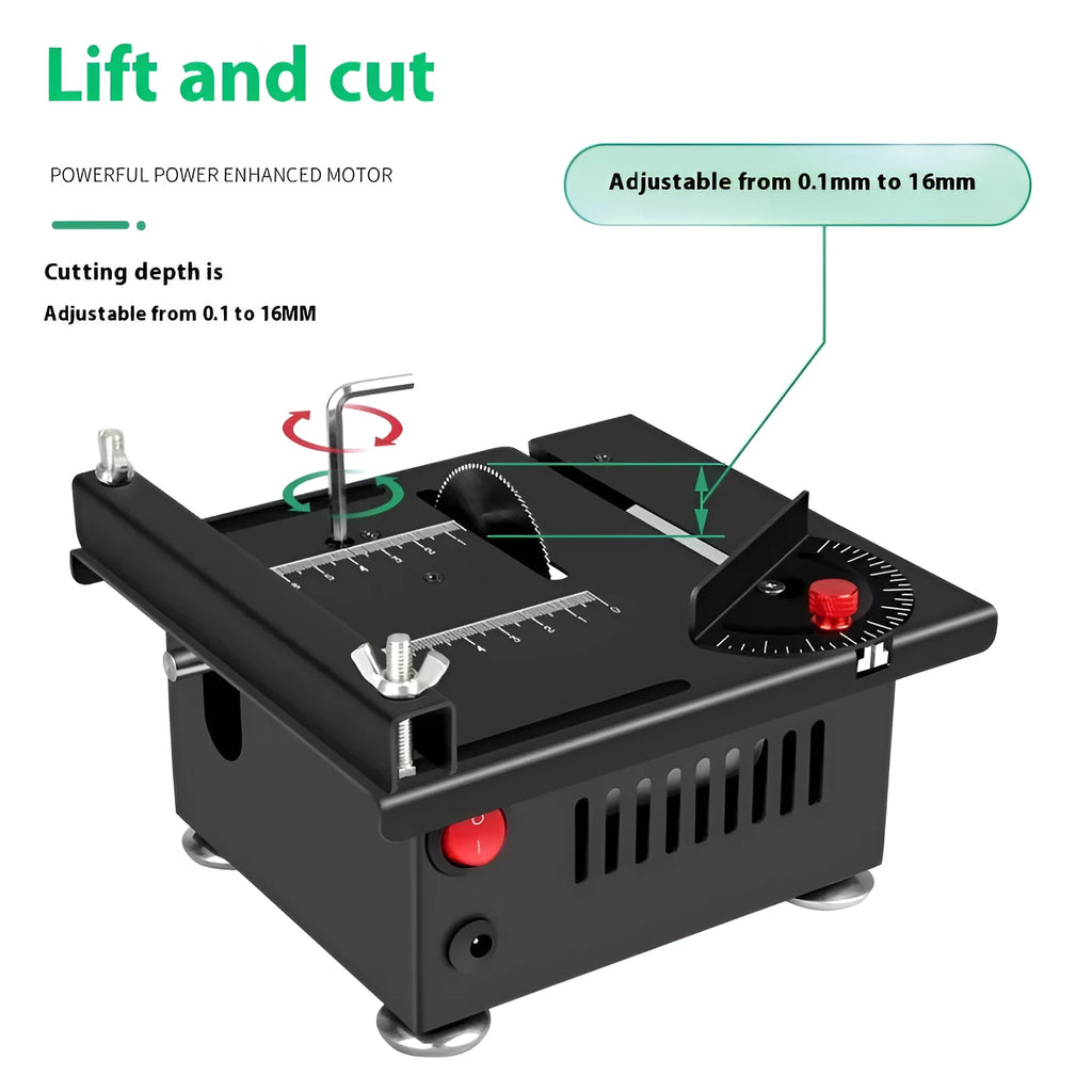 Lithium-ion battery desktop saw with 5-inch blade and metal construction for DIY projects