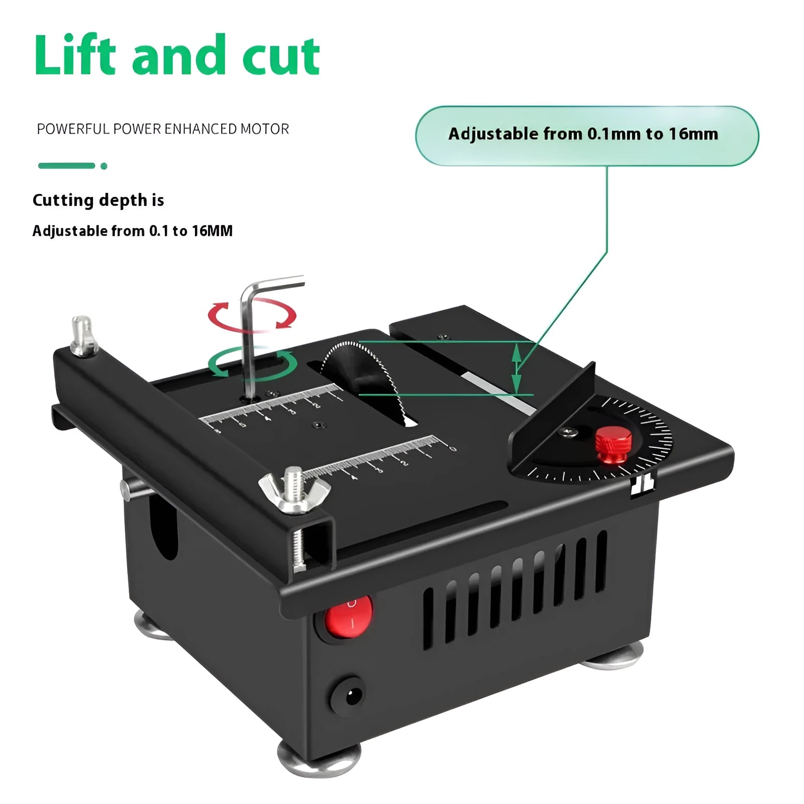 Lithium-ion battery desktop saw with 5-inch blade and metal construction for DIY projects