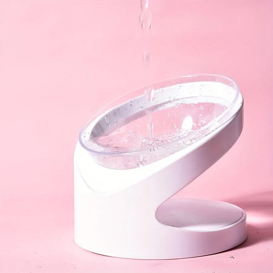 White clear plastic tilted cat food bowl for ergonomic feeding