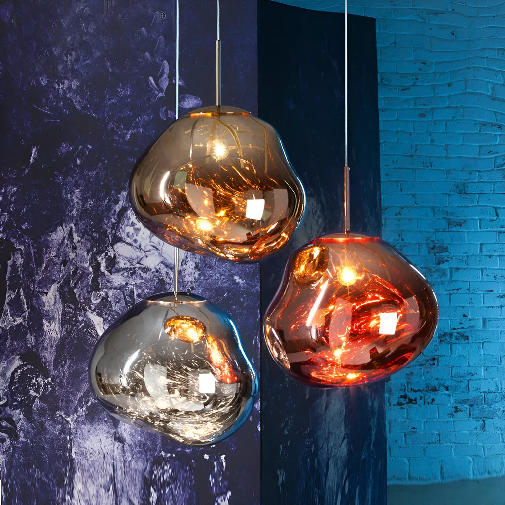 Irregular shaped glass LED chandelier in a metallic finish, showing Nordic post-modern design.