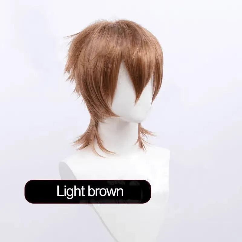 Short anime style cosplay wig with lengthened hair tail on a stand, shown in a solid colour.