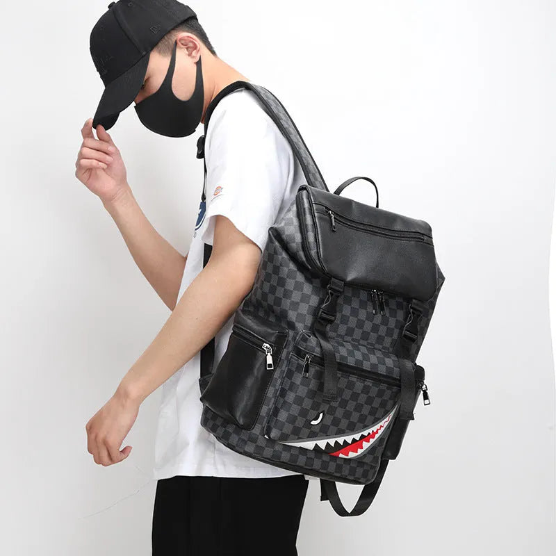 Korean casual checkered printed large capacity PU leather backpack with curved shoulder strap, colour 6622-1 Black
