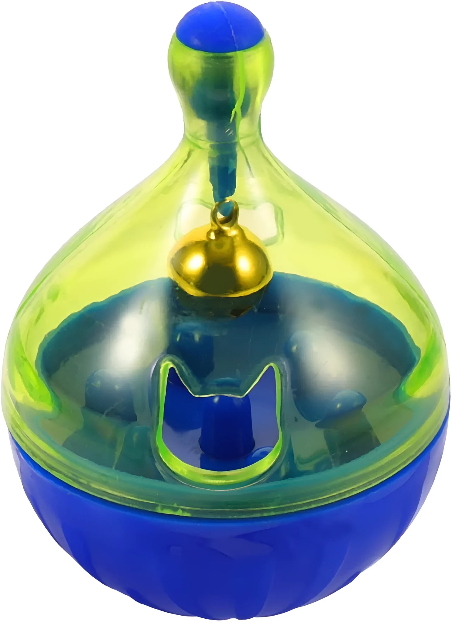 Blue tumbler-shaped interactive treat dispenser ball for dogs and cats on a wooden floor