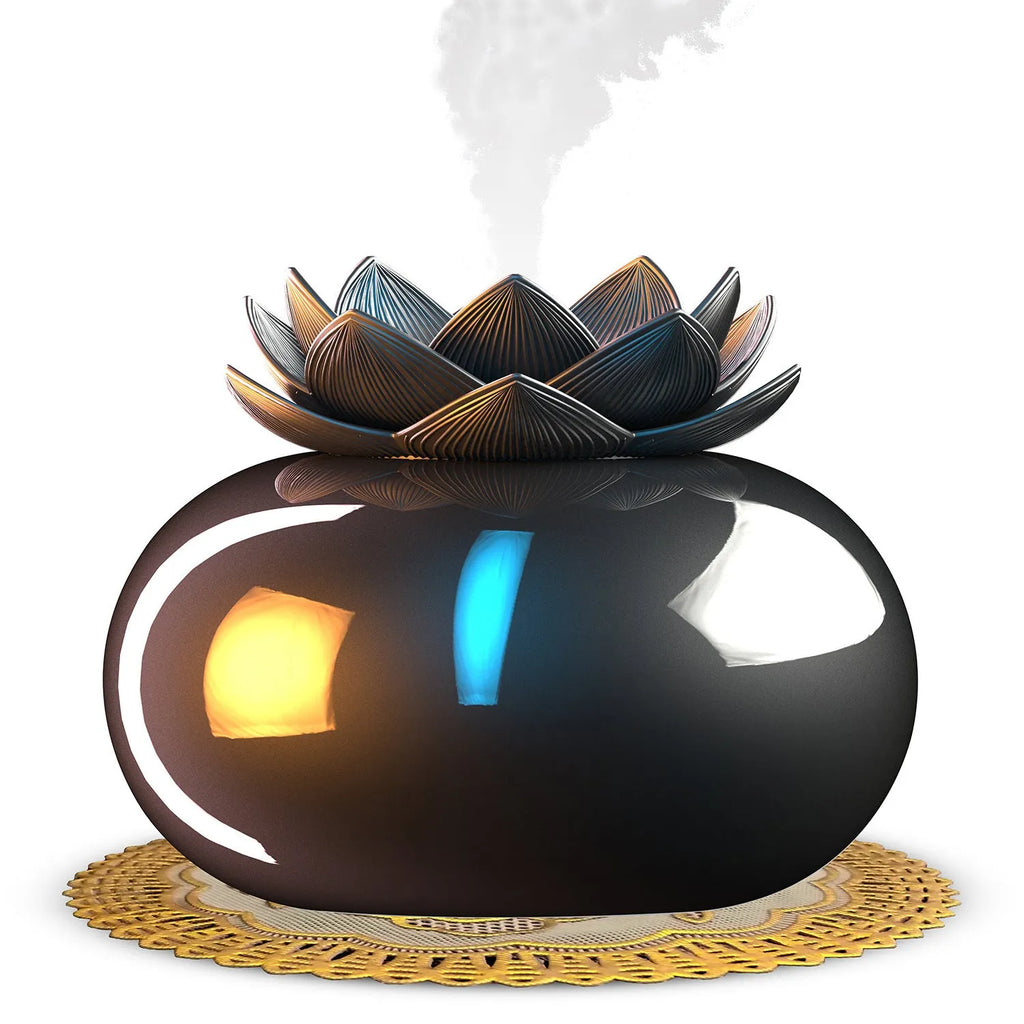 Pure black USB lotus-shaped ultrasonic humidifier and aromatherapy diffuser on a desk.