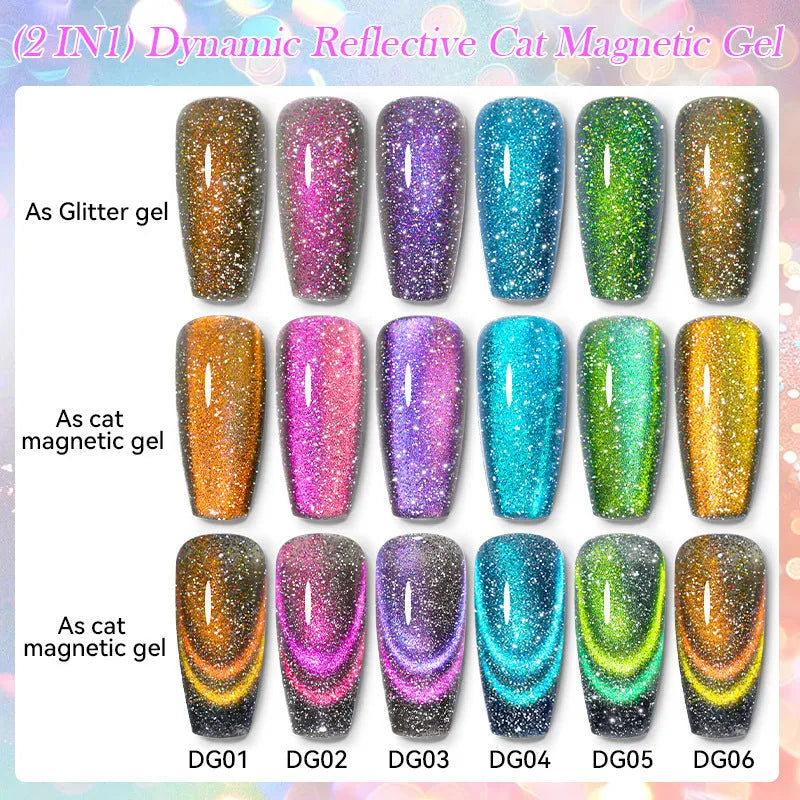 Diamond In The Debris Cat Eye Series Nail Polish Gel bottle in one of six glittering shades with nail glue.