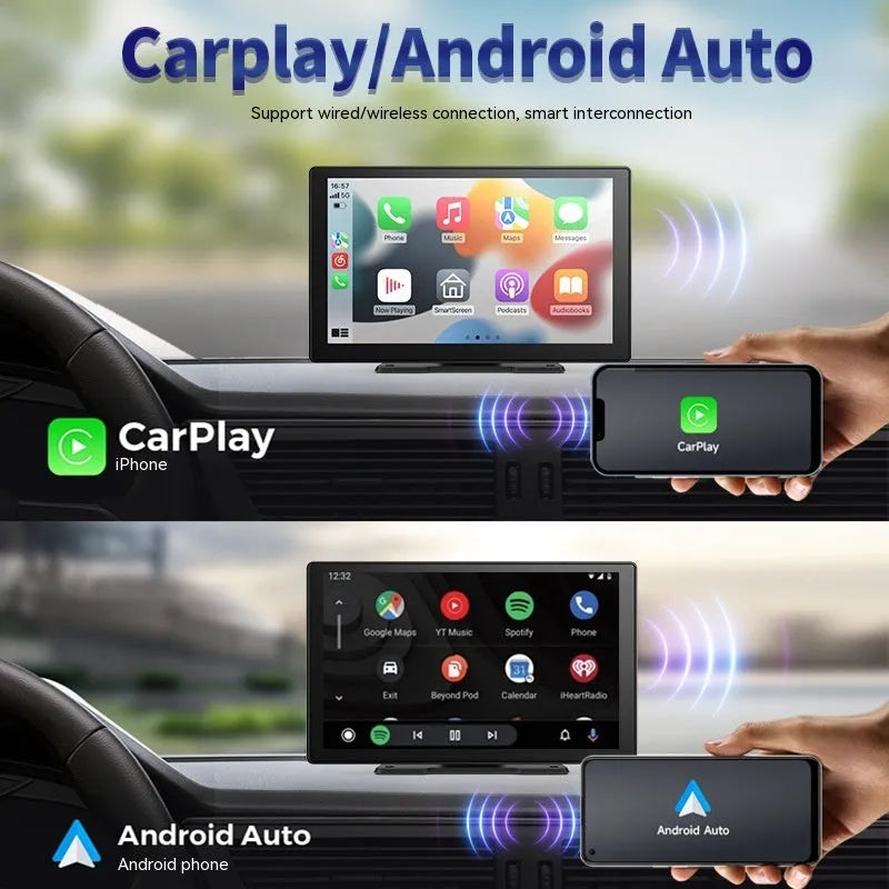 9-inch Carplay driving recorder with front and rear dual lenses mounted on centre console