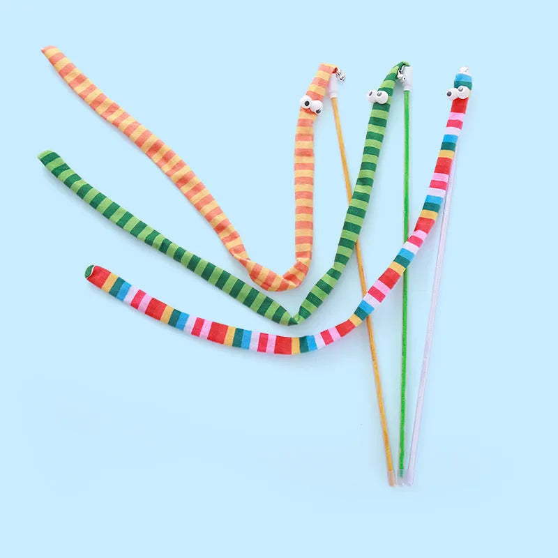 Cat wand toy with polycarbonate pole and long plush strip in rainbow colours with bell attachment
