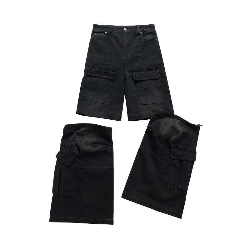 Cotton detachable multi-pocket overalls for teenagers, worn looking washed-out finish, black blue, mid waist zip placket