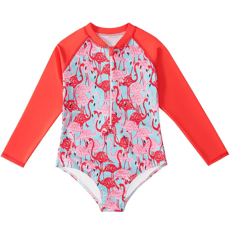 Girl's long-sleeve one-piece swimming suit in polyester fabric, briefs style, multiple colour options, sizes 100-150cm