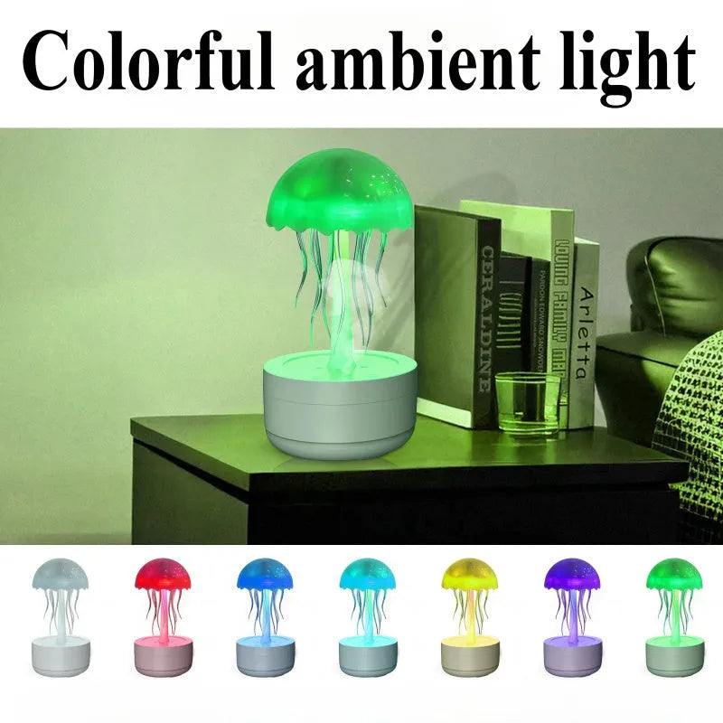 White resin jellyfish humidifier diffuser with 7-colour night light and touch controls on a desk