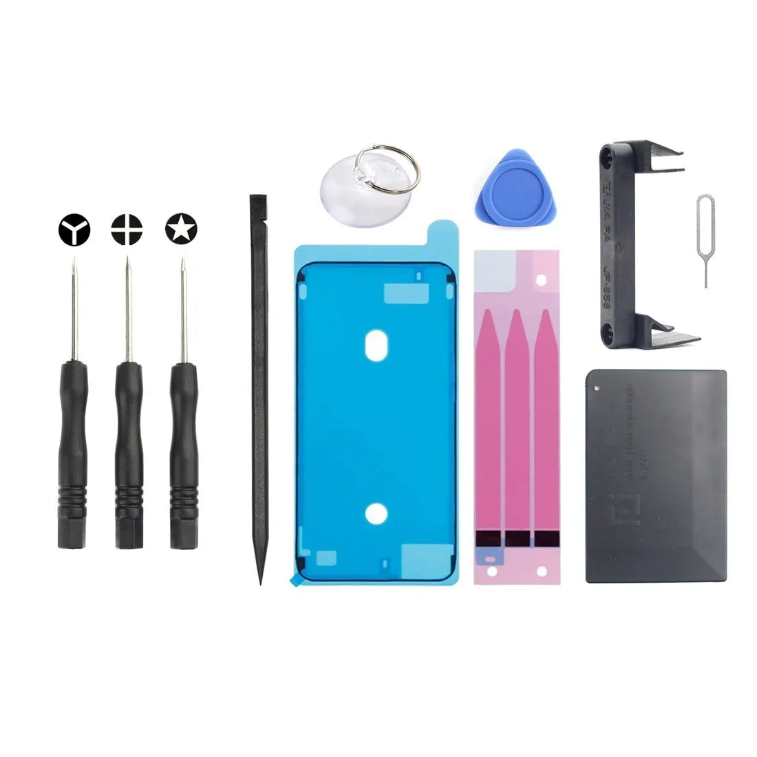 11-in-1 mobile phone disassembling tool kit with screwdrivers, pry sheets, sucker, and adhesive in a 120x200x20mm pack