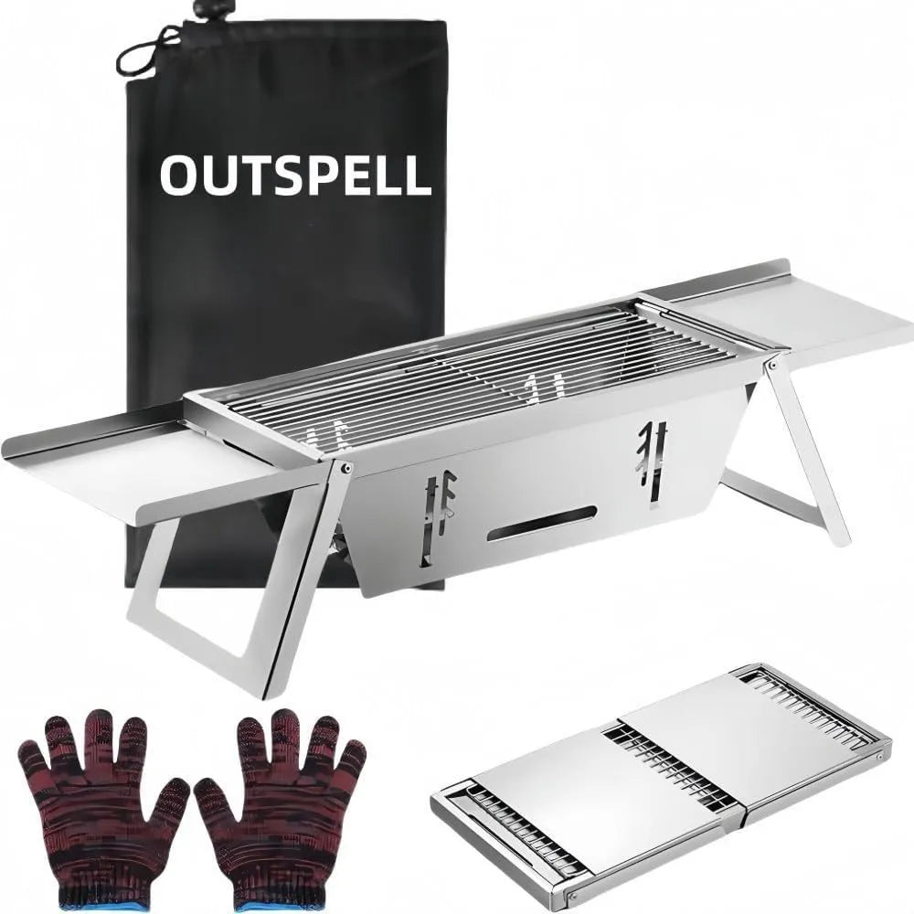 Small portable charcoal grill with folding metal frame for outdoor cooking