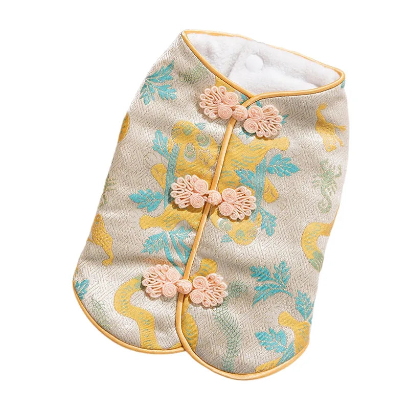 Red cheongsam pet vest with decorative knot buttons, floral and fruit patterns, for Lunar New Year