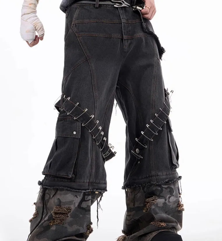 Men's grey camouflage splicing jeans with pin and ribbon details on cotton fabric
