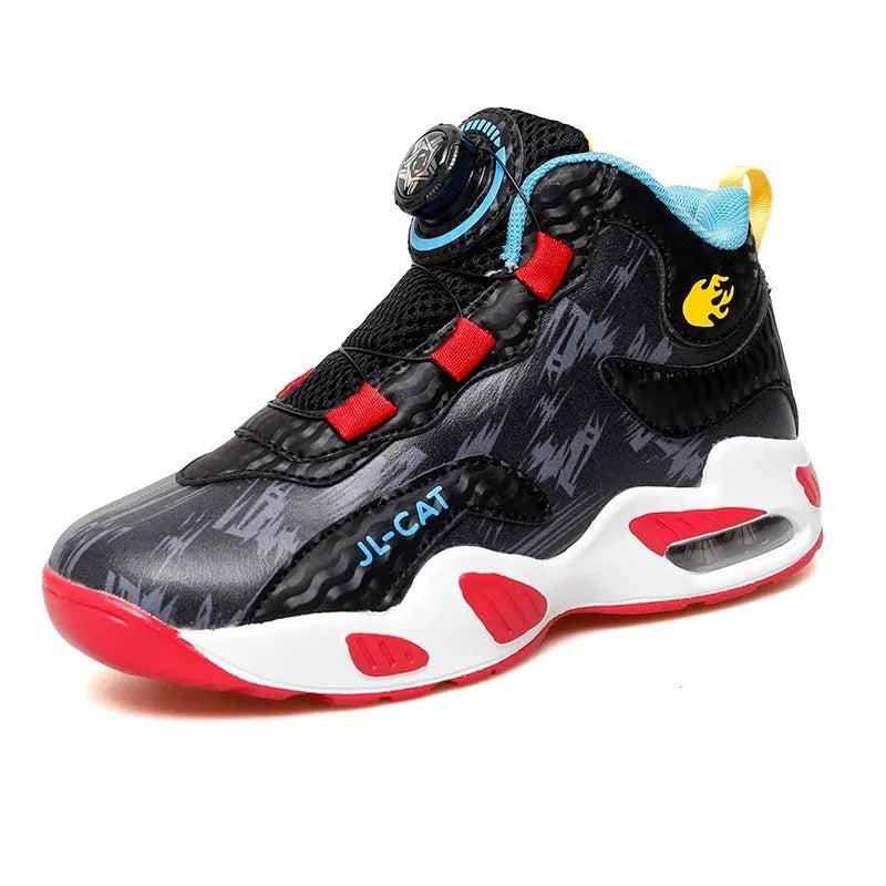 Children's black and coloured rotating button running shoes with a cushion basketball design on a white background