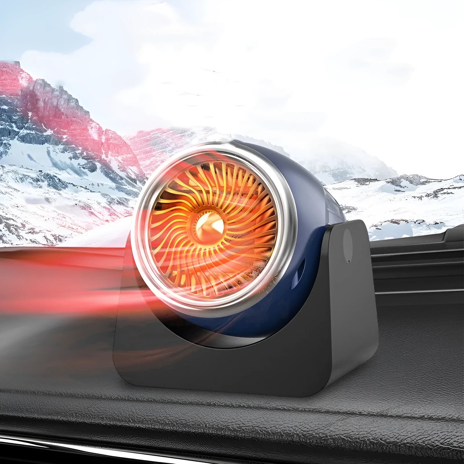 Navy blue 12v car heating fan with large air outlet for fast fog and frost removal