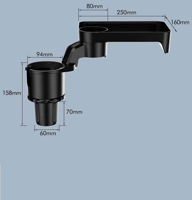Black car cup holder with rotating dinner tray plate showing 360-degree swivel mechanism