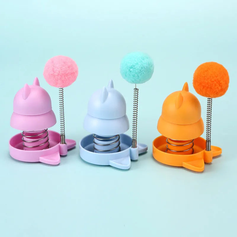 Lucky cat design cat toy with rotating mint ball in blue, orange, and pink colours