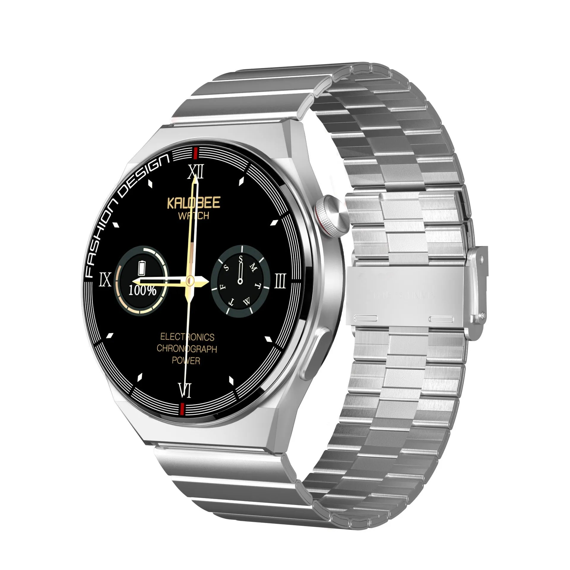 Black and silver Bluetooth NFC smartwatch with 1.28 inch glass screen and silicone strap for heart rate monitoring