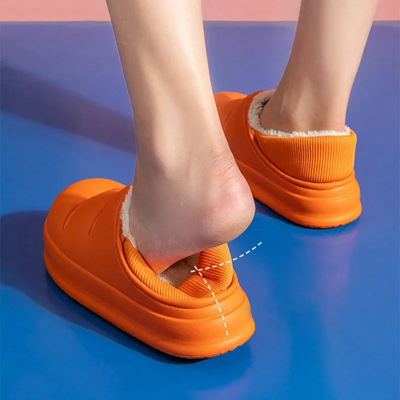 Couple cotton slippers with waterproof EVA sole and warm plush lining in various colours for winter home and garden use