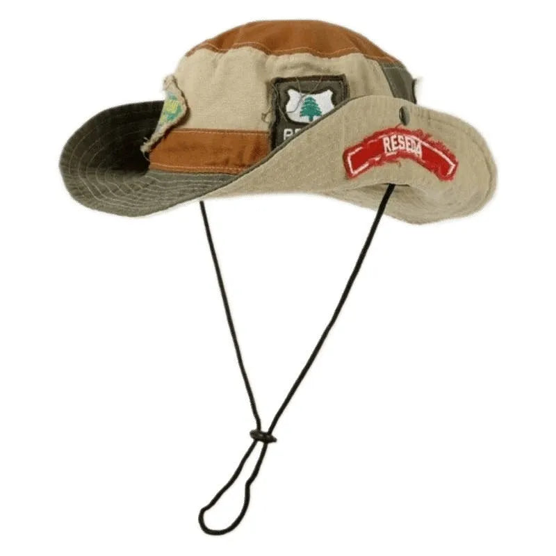 Army green cotton fisherman hat with retro patchwork design and flat top crown