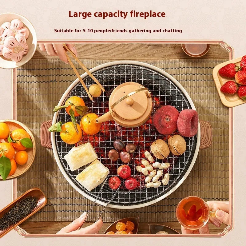 Portable indoor charcoal stove with grill rack disk for tea cooking and baking.