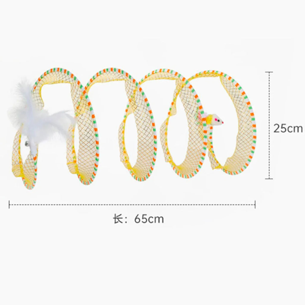 Blue and yellow cat toy set with fabric tunnel and long pole teasing stick with feather attachment