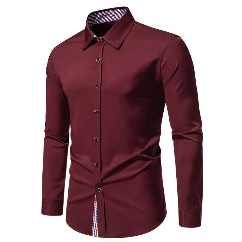 Men's casual loose plaid stitching long-sleeved shirt in white, size L, for leisure wear