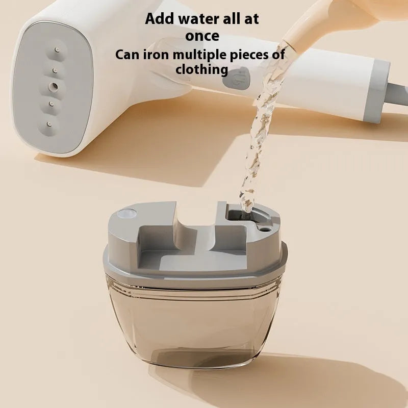 Blue and white handheld garment steamer with temperature control dial and compact 196mm design