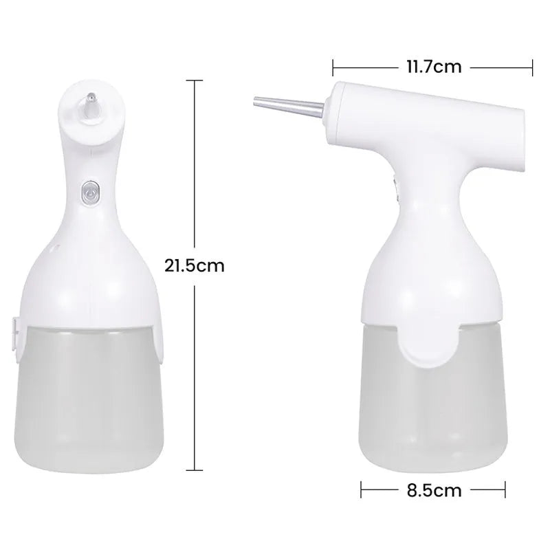 White electric foam dispenser gun with 350ML tank, ABS plastic body, and Type-C charging port on a bathroom countertop