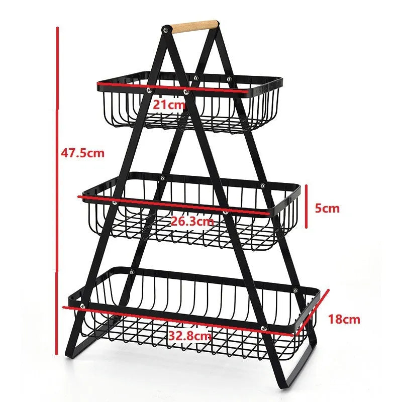 Detachable double-layer iron fruit basket with wooden handle in black on a tabletop