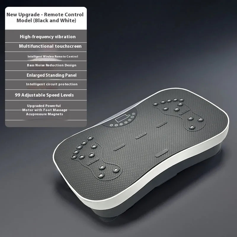 Multifunctional home power plate with remote control in black, on a floor in a room