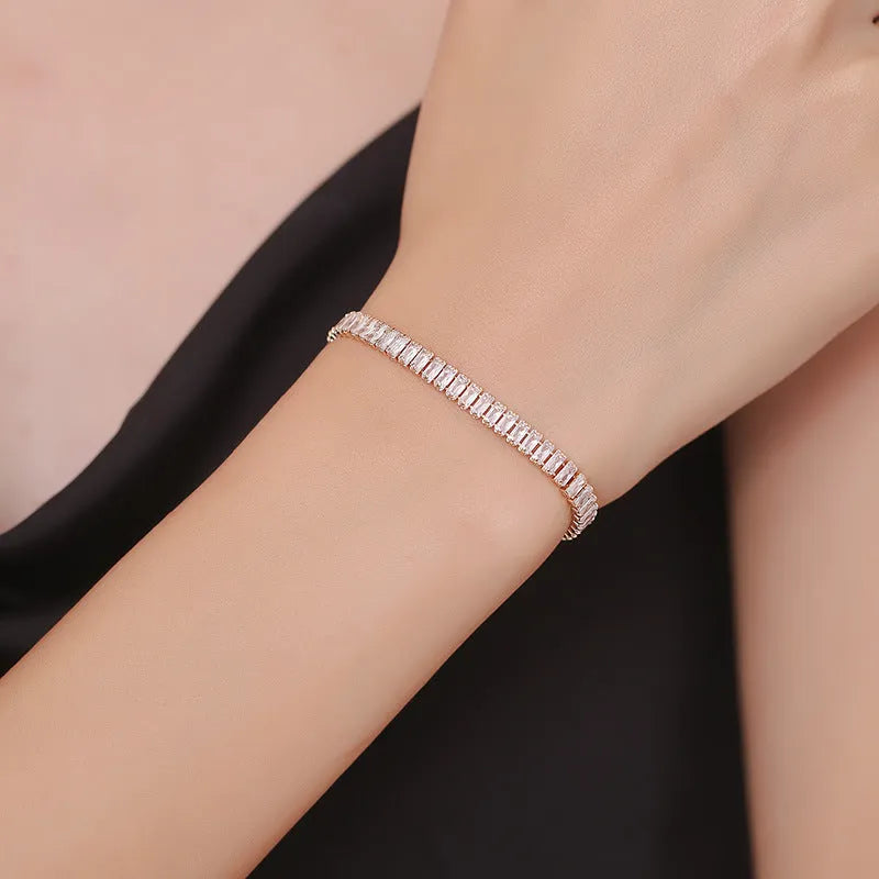 European and American simple rectangular affordable luxury bracelet with inlaid zircon in Champagne Gold and Silver