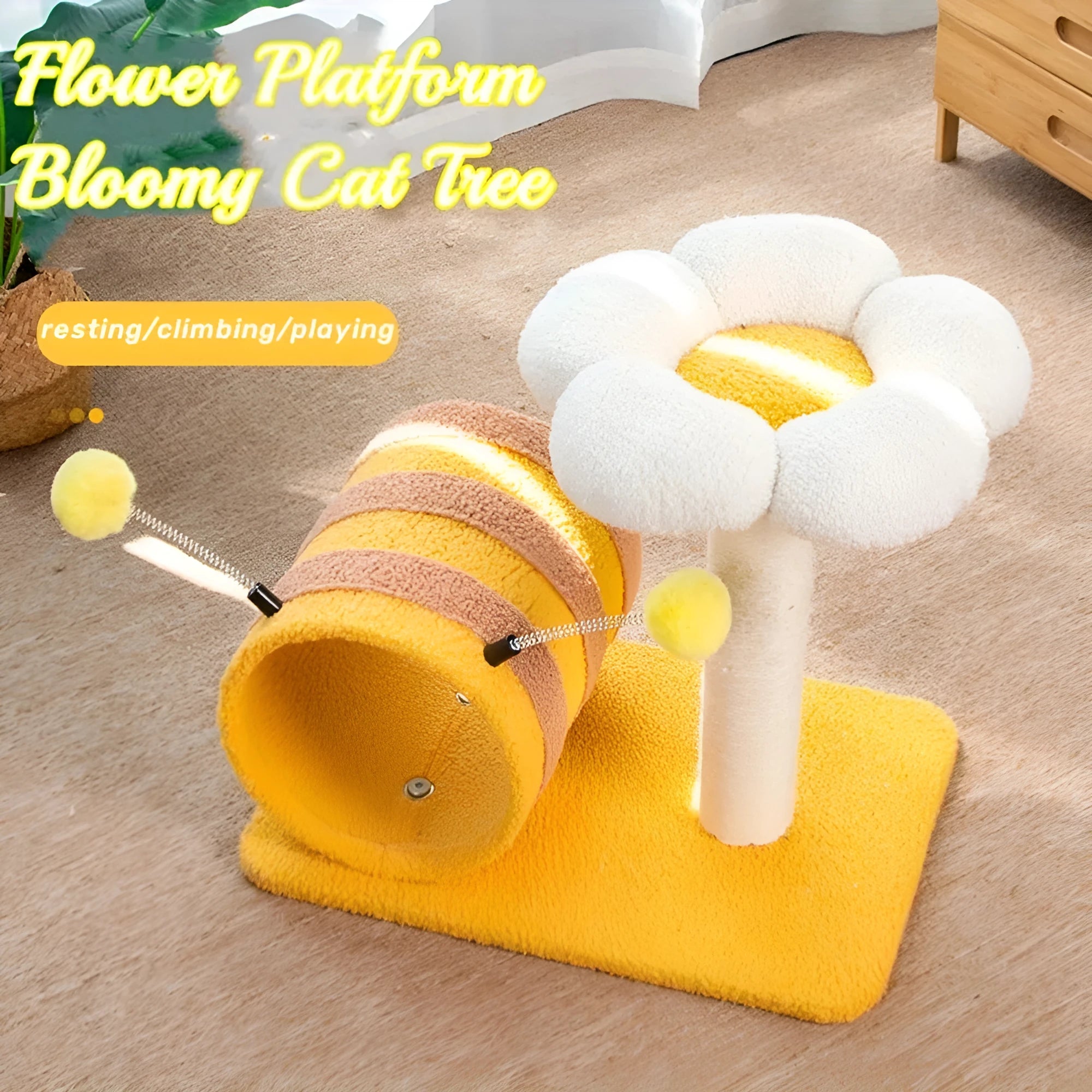 Yellow bee-themed cat climbing frame with sisal scratching post, tunnel, and platforms.