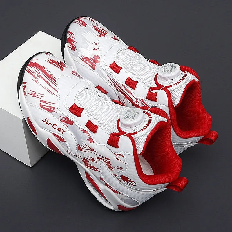 Children's black and coloured rotating button running shoes with a cushion basketball design on a white background