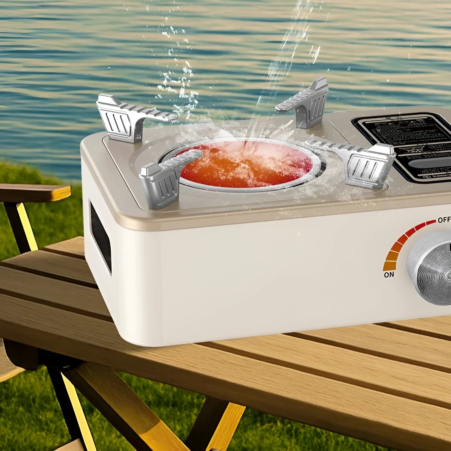 White portable infrared gas stove with no open flame, windproof heat gathering design for outdoor camping