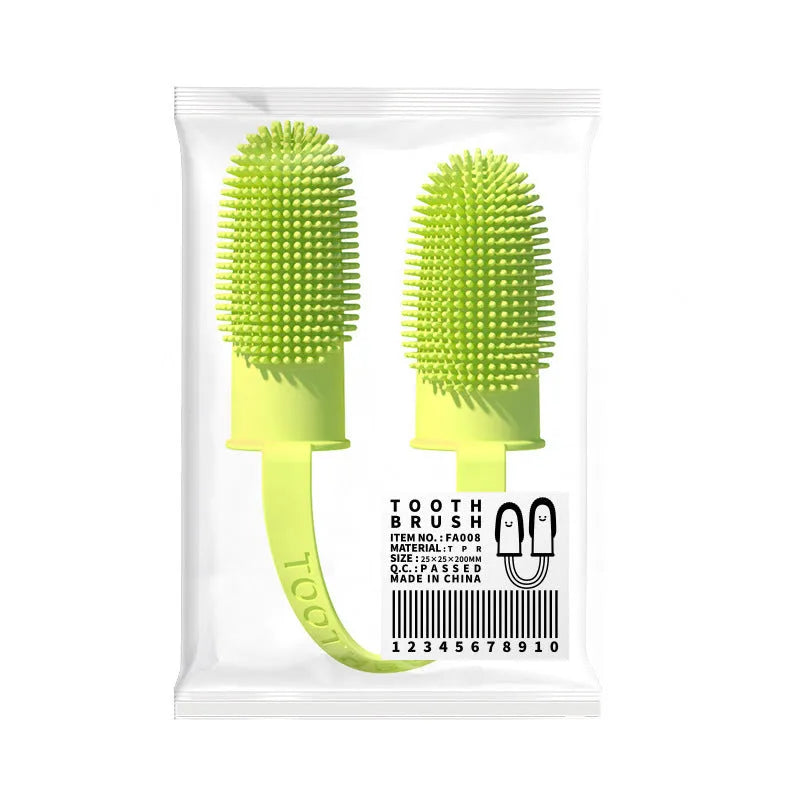 Pet tooth cleaning finger set with double finger TPR toothbrush in pink, blue green, and grass yellow