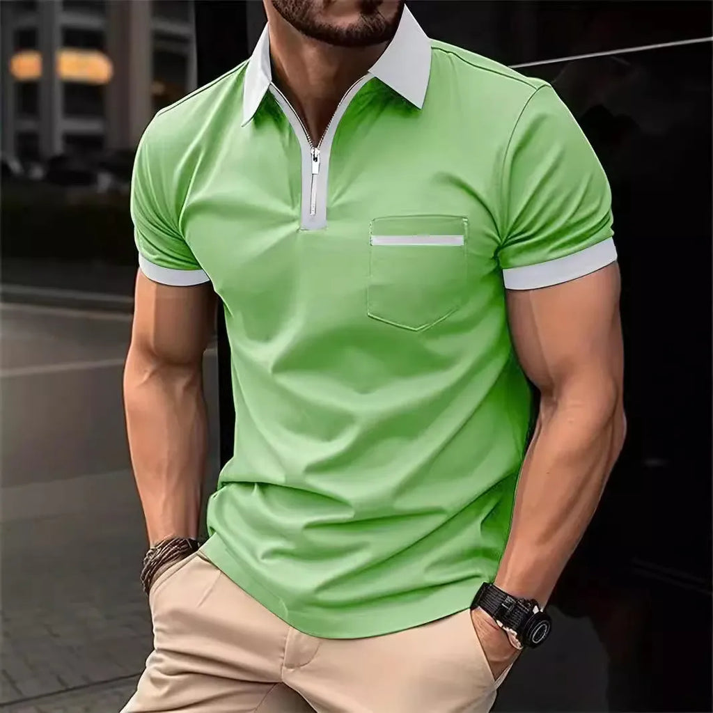 Men's casual short sleeve shirt with chest pocket and zipper decorations in chemical fibre blend fabric
